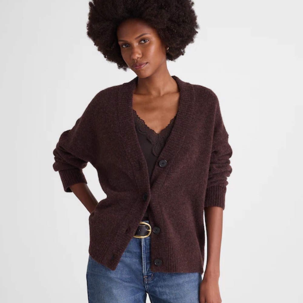 Madewell V-Neck Drop-Shoulder Cardigan Medium Brown Alpaca Wool Sweater NWT